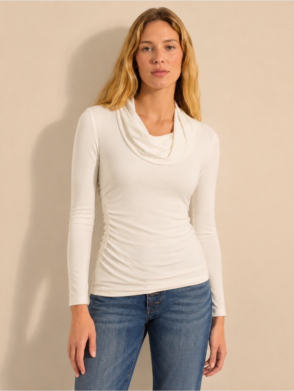 CAbi Elegant Twisted Neck Long Sleeve Top in Cream